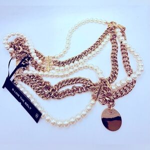 B-Low the Belt Gold Chain & Pearl Layered Necklace Adjustable 30 to 40 in waist